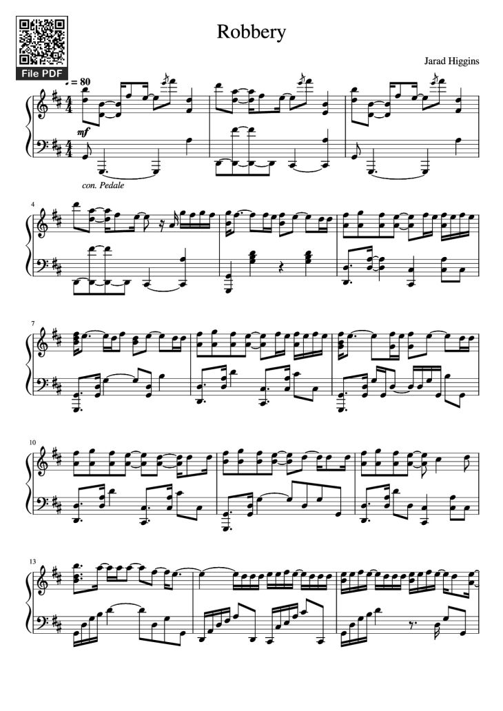 Page 1 of the piano sheet music PDF Piano – Robbery Piano by Jarad Higgins
