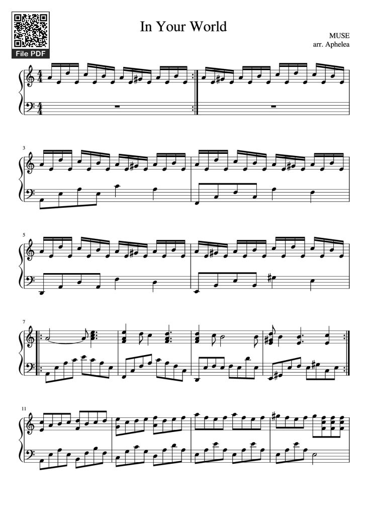 Page 1 of the piano sheet music PDF Piano – In Your World Piano by MUSE arr. Aphelea