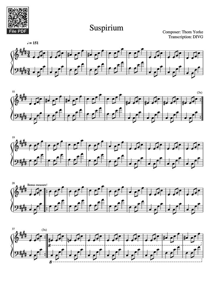 Page 1 of the piano sheet music PDF Piano – Suspirium Piano by Composer: Thom Yorke