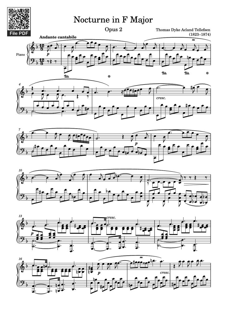 Page 1 of the piano sheet music PDF – Nocturne in F Major Piano by Thomas Dyke Acland Tellefsen