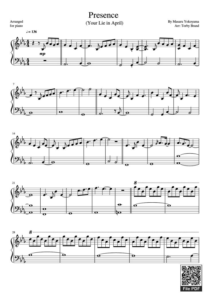 Page 1 of the piano sheet music PDF Piano – Presence Piano by Masaru Yokoyama