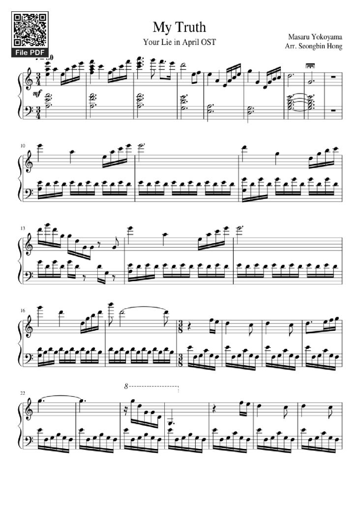 Page 1 of the piano sheet music PDF Piano – My Truth Piano by Masaru Yokoyama Arr. Seongbin Hong