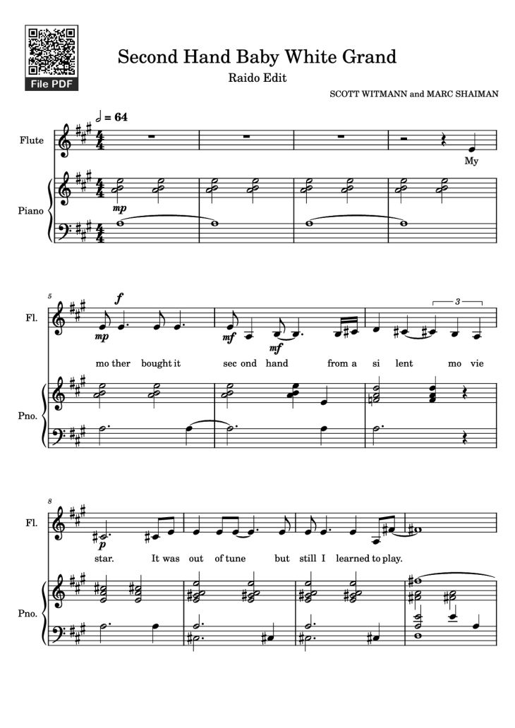 Page 1 of the piano sheet music PDF Piano – Second Hand Baby White Grand Piano by SCOTT WITMANN and MARC SHAIMAN