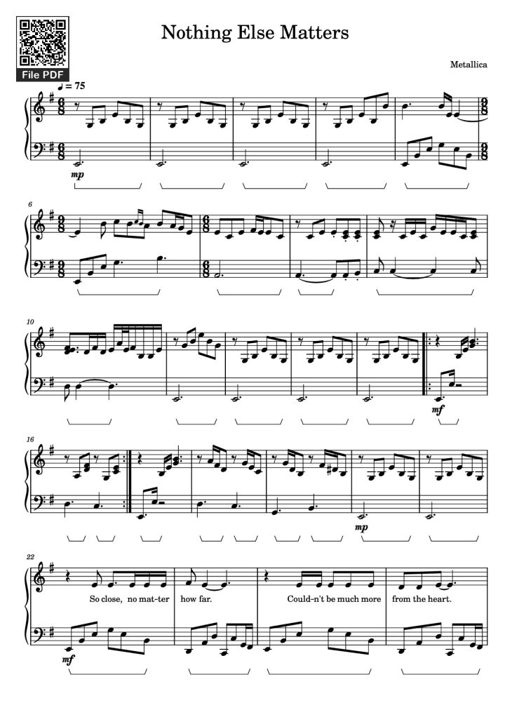 Page 1 of the piano sheet music PDF Piano – Nothing Else Matters Piano by Metallica