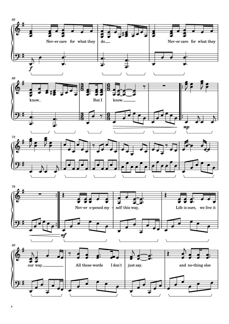 Page 4 of the piano sheet music PDF Piano – Nothing Else Matters Piano by Metallica