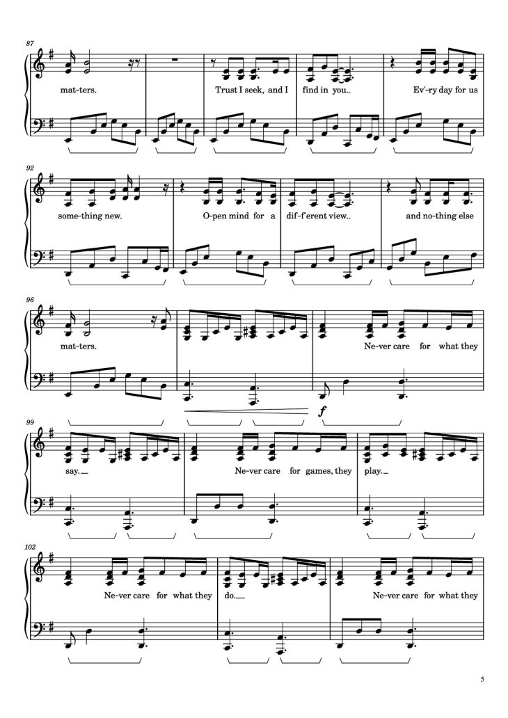 Page 5 of the piano sheet music PDF Piano – Nothing Else Matters Piano by Metallica
