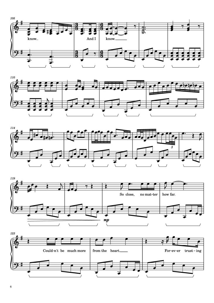 Page 6 of the piano sheet music PDF Piano – Nothing Else Matters Piano by Metallica