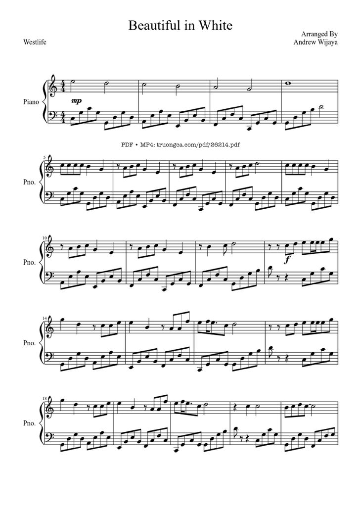 Page 1 of the piano sheet music PDF Piano – Beautiful in White Piano by Westlife