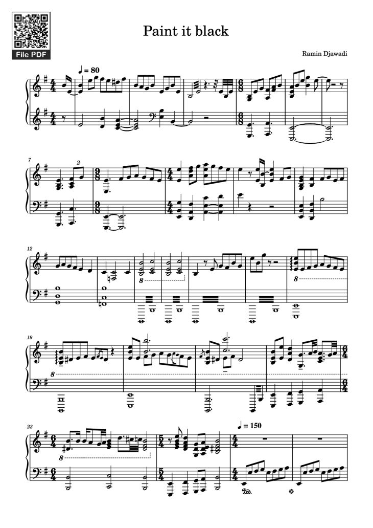 Page 1 of the piano sheet music PDF Piano – Paint it black Piano by Ramin Djawadi
