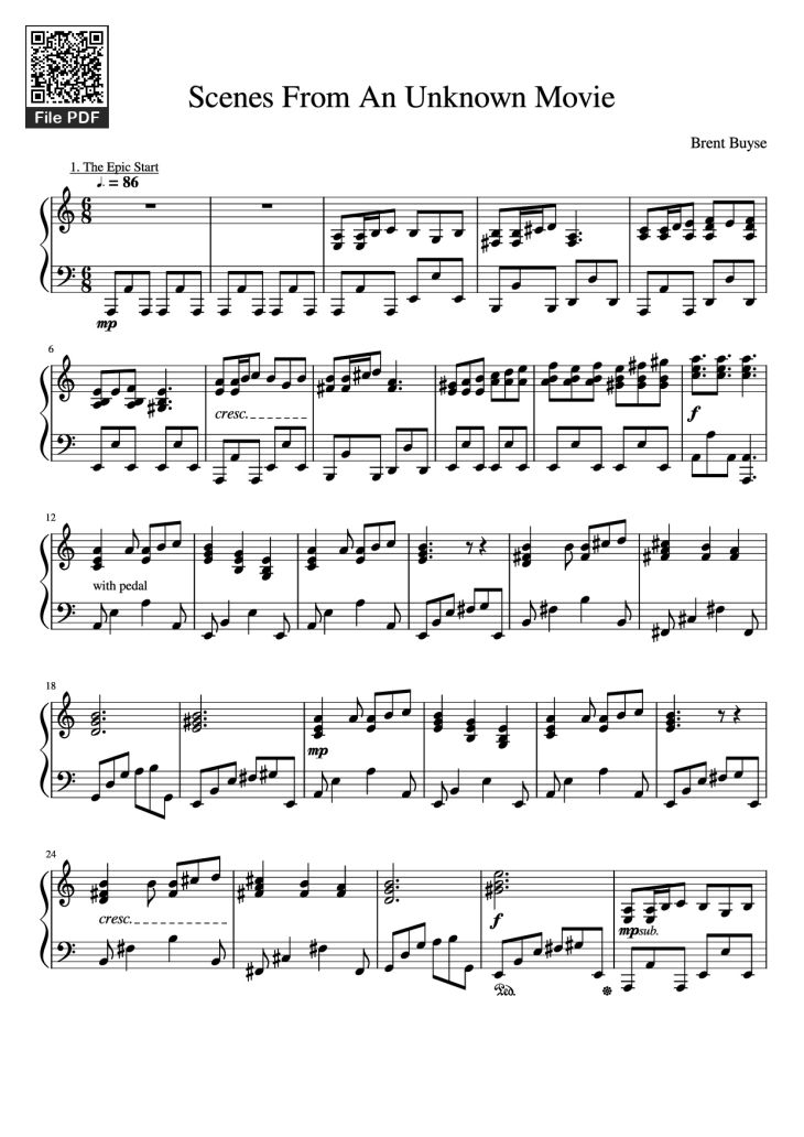 Page 1 of the piano sheet music PDF Piano – Scenes From An Unknown Movie Piano by Brent Buyse