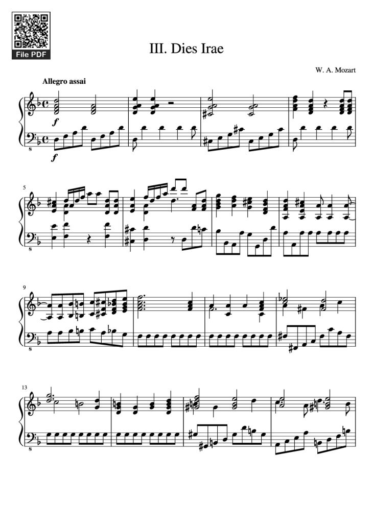 Page 1 of the piano sheet music PDF Piano – III. Dies Irae Piano by W. A. Mozart