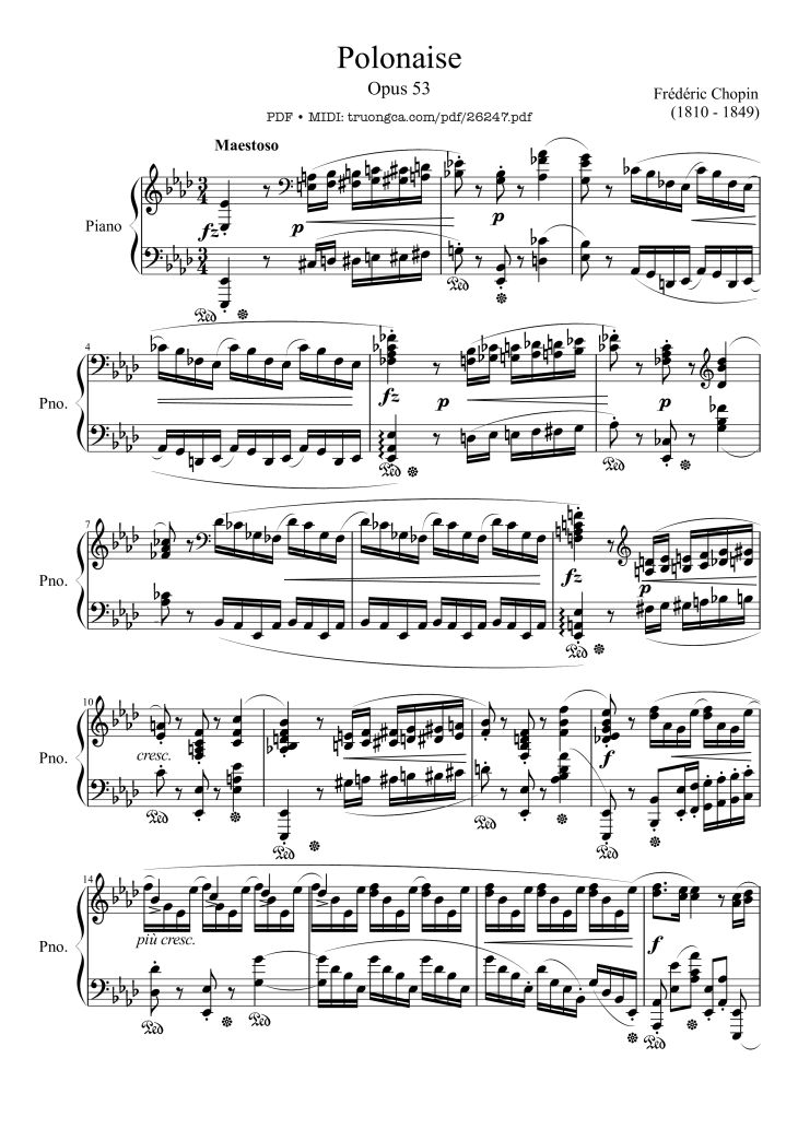 Page 1 of the piano sheet music PDF Piano – Polonaise Heroic in A-flat Major, Op. 53 by Frédéric Chopin