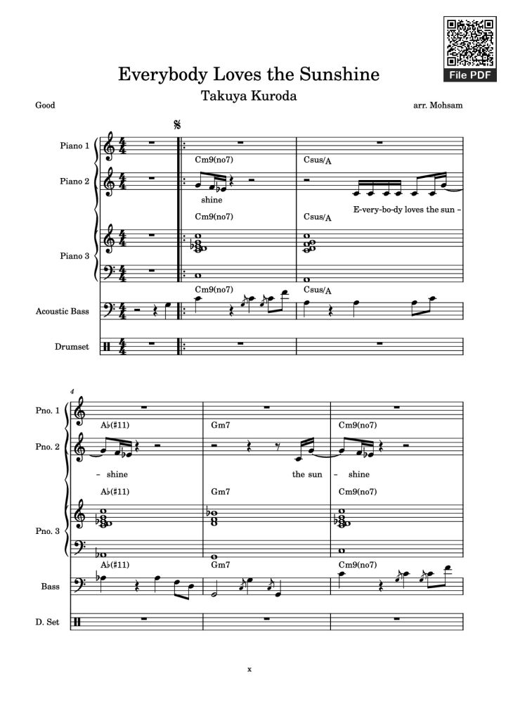 Page 1 of the piano sheet music PDF Piano Guitar Tab – Everybody Loves the Sunshine Piano by Arr. Mohsam