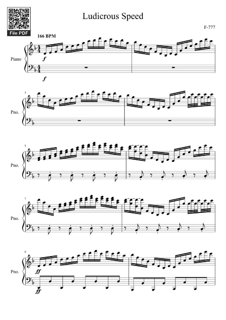Page 1 of the piano sheet music PDF Piano – Ludicrous Speed Piano by F-777