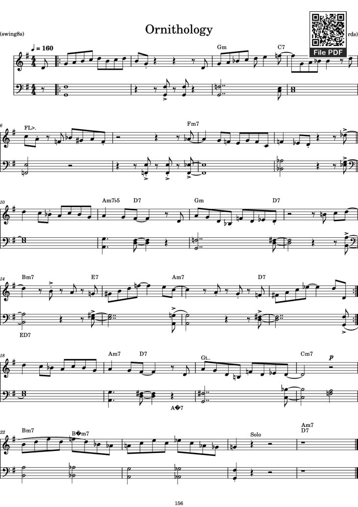 Page 1 of the piano sheet music PDF Piano – Ornithology Piano by Arr. Tim Richards