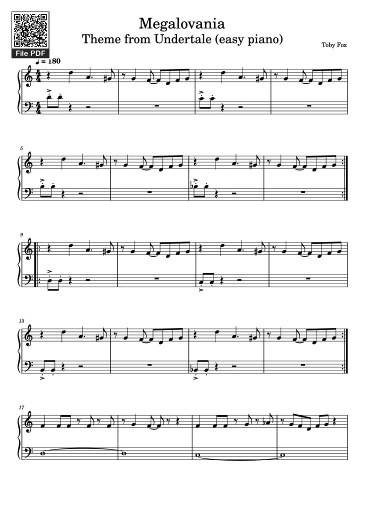 Page 1 of the piano sheet music PDF Piano – Megalovania Theme from Undertale (easy piano) by Toby Fox