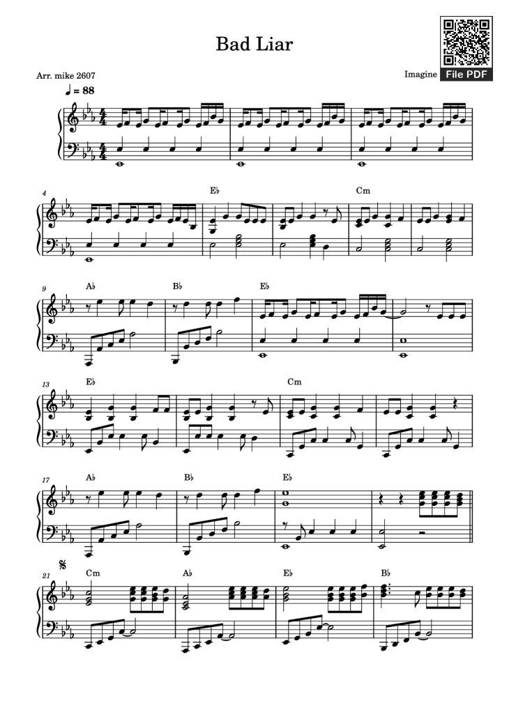 Page 1 of the piano sheet music PDF Piano – Bad Liar Piano by Imagine Dragons