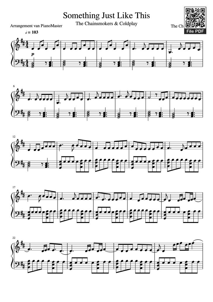 Page 1 of the piano sheet music PDF Piano – Something Just Like This Piano by The Chainsmokers