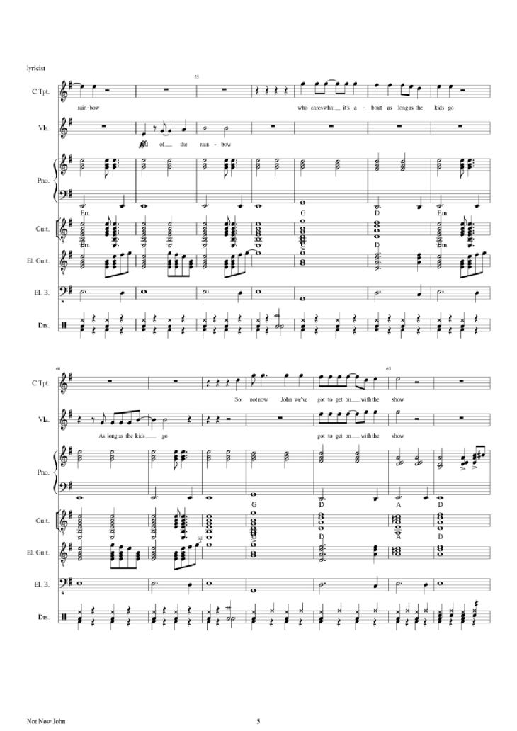 Page 5 of the piano sheet music PDF Piano Guitar Tab – Not Now John Piano by Roger Waters