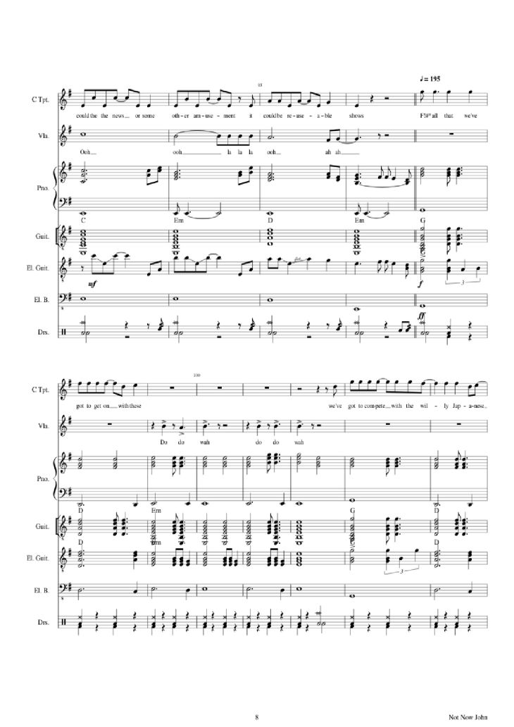 Page 8 of the piano sheet music PDF Piano Guitar Tab – Not Now John Piano by Roger Waters