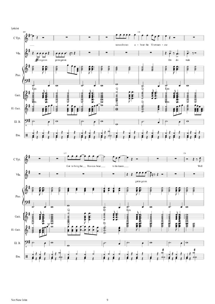 Page 9 of the piano sheet music PDF Piano Guitar Tab – Not Now John Piano by Roger Waters