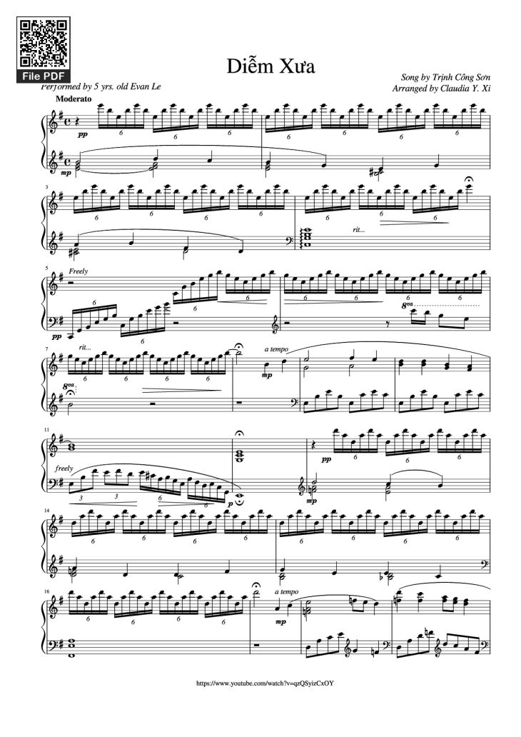 Page 1 of the piano sheet music PDF Piano – Điễm Xưa Piano (Performed by Evan Le) by Trịnh Công Sơn
