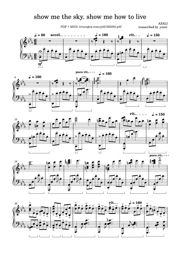 Page 1 of the piano sheet music PDF – Show me the sky, show me how to live Piano by AZALI