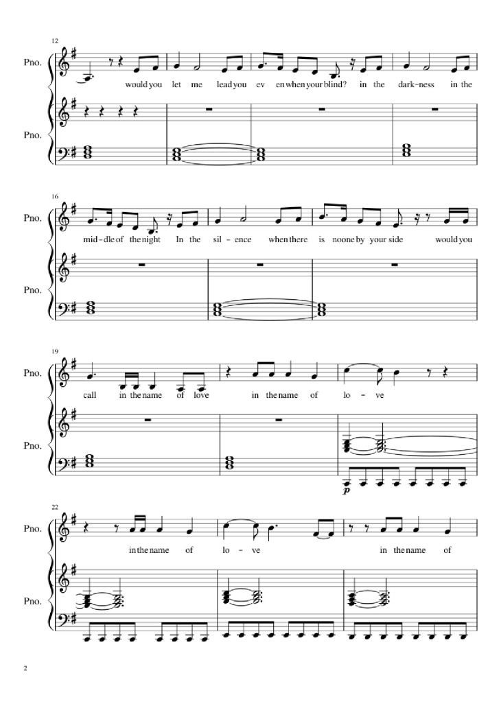Page 2 of the piano sheet music PDF Piano – In the Name of Love Piano by Ole Berntsen