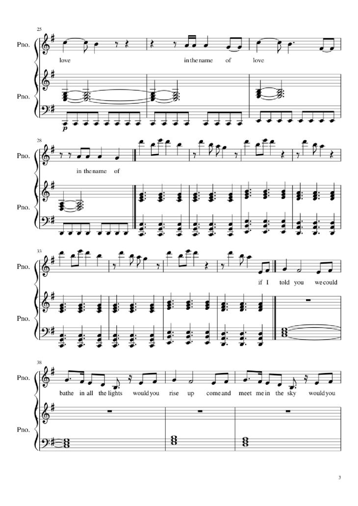 Page 3 of the piano sheet music PDF Piano – In the Name of Love Piano by Ole Berntsen