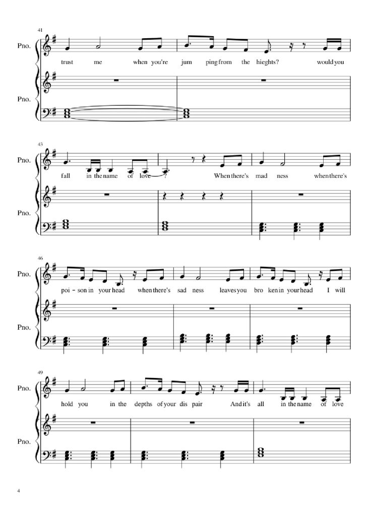 Page 4 of the piano sheet music PDF Piano – In the Name of Love Piano by Ole Berntsen
