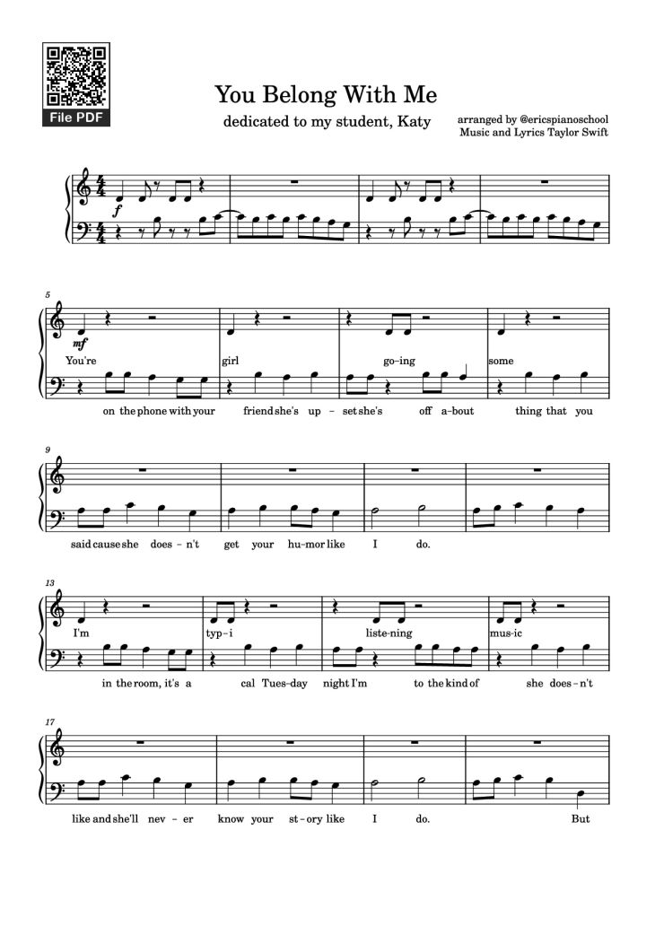 Page 1 of the piano sheet music PDF Piano – You Belong With Me Piano by Arranged by @ericspianoschool