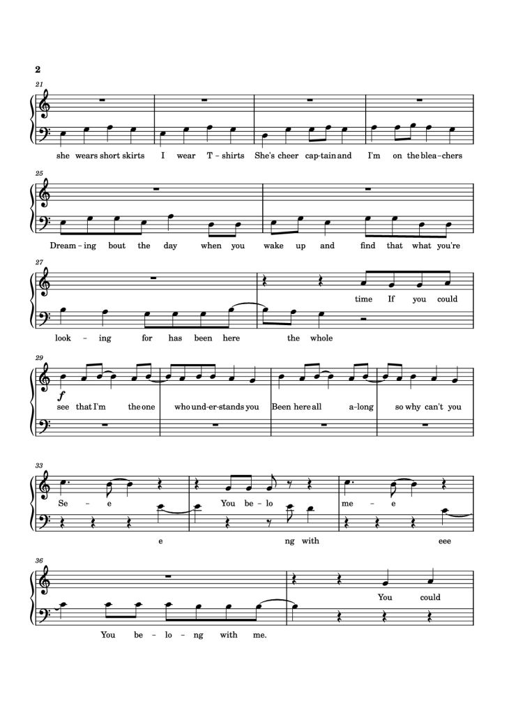 Page 2 of the piano sheet music PDF Piano – You Belong With Me Piano by Arranged by @ericspianoschool