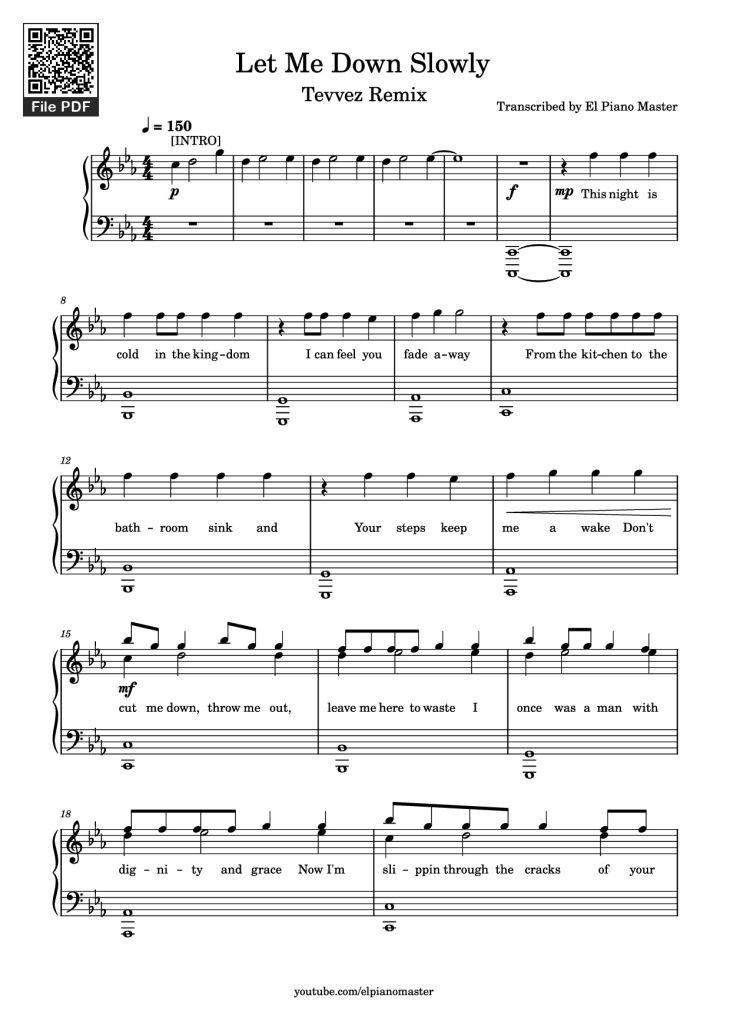 Page 1 of the piano sheet music PDF Piano – Let Me Down Slowly Piano by Transcribed by El Piano Master