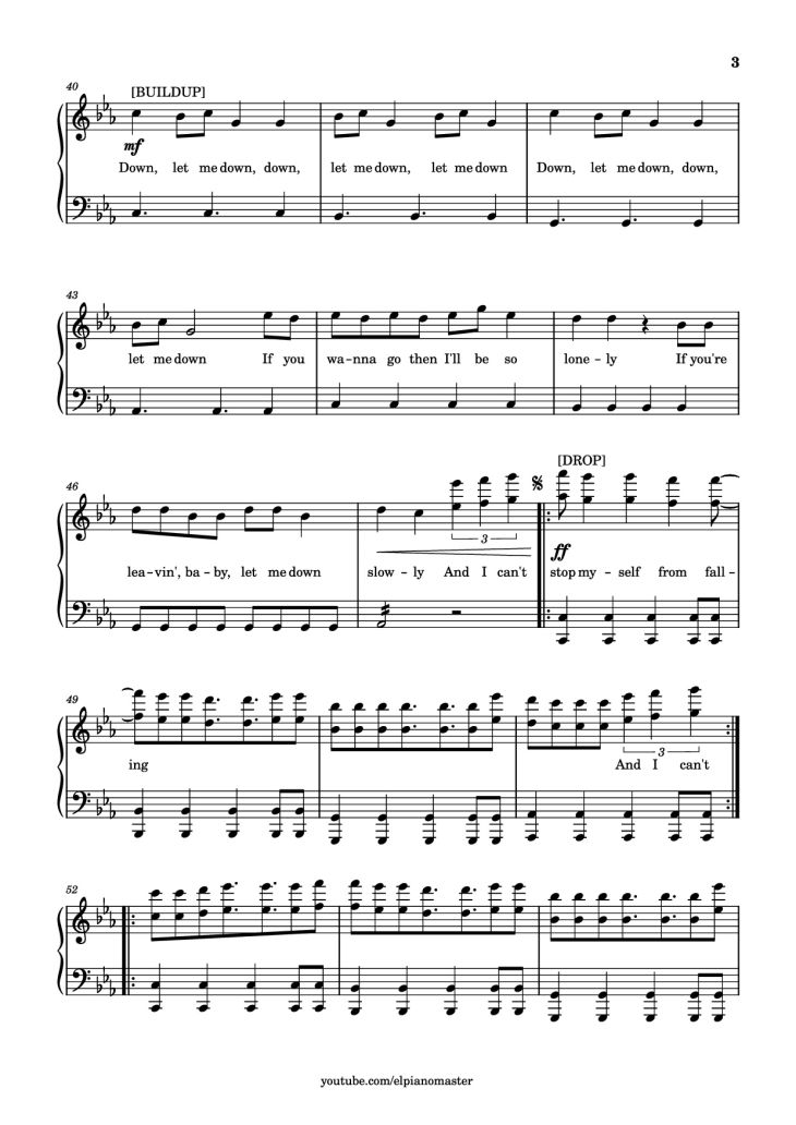 Page 3 of the piano sheet music PDF Piano – Let Me Down Slowly Piano by Transcribed by El Piano Master