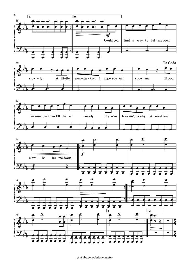 Page 4 of the piano sheet music PDF Piano – Let Me Down Slowly Piano by Transcribed by El Piano Master