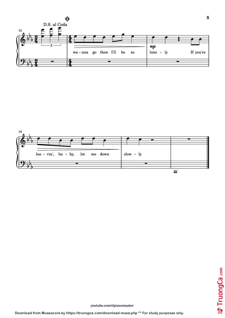Page 5 of the piano sheet music PDF Piano – Let Me Down Slowly Piano by Transcribed by El Piano Master