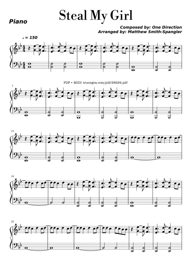Page 1 of the piano sheet music PDF Piano – Steal My Girl Piano by Composed by: One Direction Arranged by: Matthew Smith-Spangler