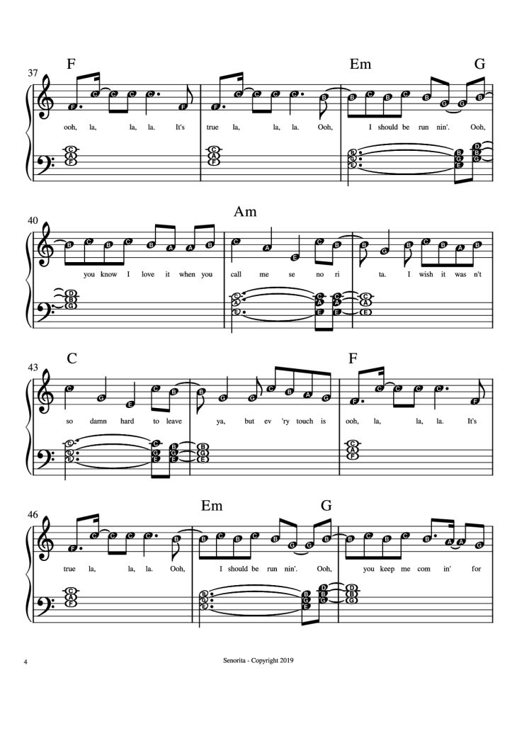 Page 4 of the piano sheet music PDF Piano – Senorita Piano by Camilla Cabello, Shawn Mendes