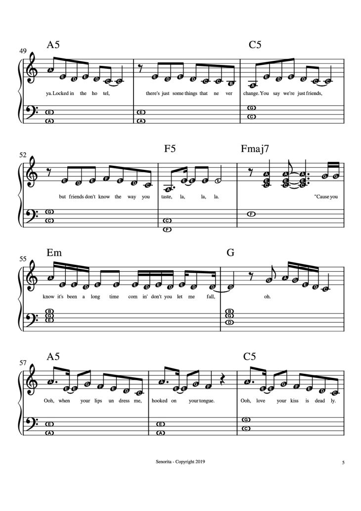 Page 5 of the piano sheet music PDF Piano – Senorita Piano by Camilla Cabello, Shawn Mendes