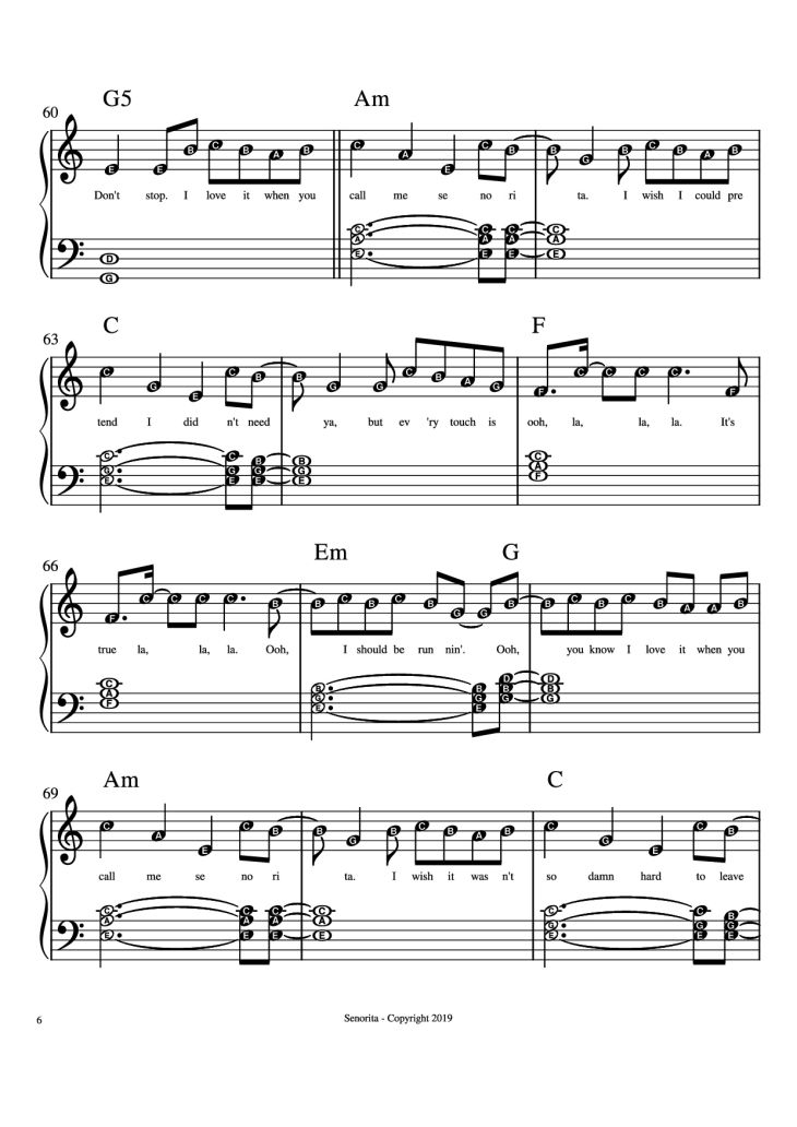 Page 6 of the piano sheet music PDF Piano – Senorita Piano by Camilla Cabello, Shawn Mendes