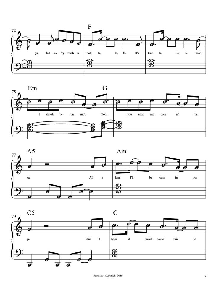 Page 7 of the piano sheet music PDF Piano – Senorita Piano by Camilla Cabello, Shawn Mendes