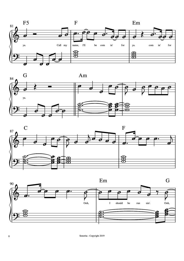 Page 8 of the piano sheet music PDF Piano – Senorita Piano by Camilla Cabello, Shawn Mendes