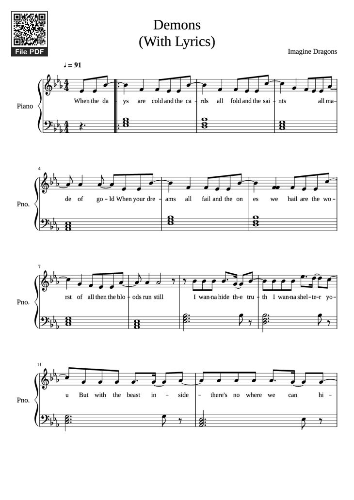 Page 1 of the piano sheet music PDF Piano – Demons (With Lyrics) Piano by Imagine Dragons