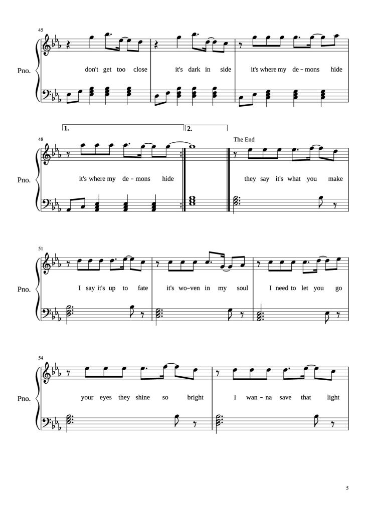 Page 5 of the piano sheet music PDF Piano – Demons (With Lyrics) Piano by Imagine Dragons