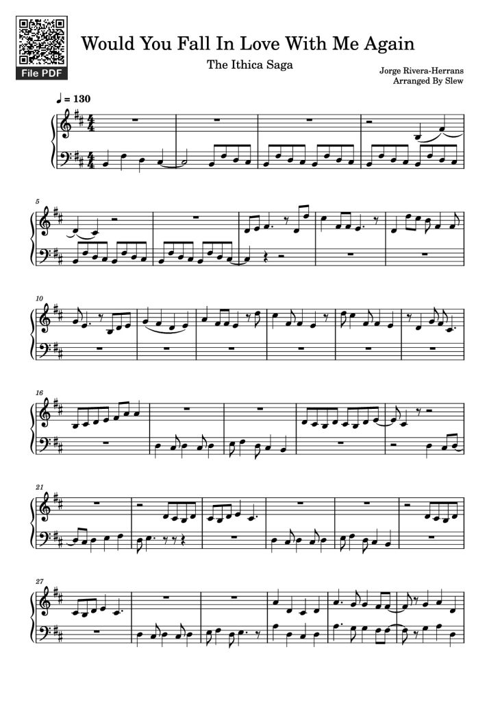 Page 1 of the piano sheet music PDF Piano – Would You Fall In Love With Me Again Piano by Jorge Rivera-Herrans