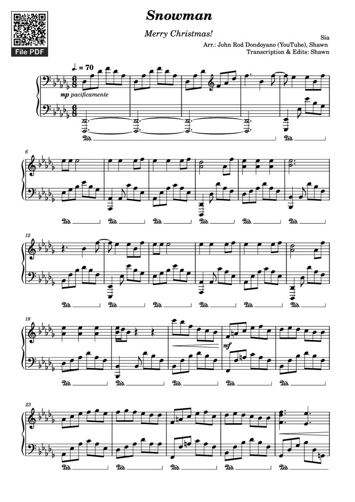 Page 1 of the piano sheet music PDF Piano – Snowman Piano by Sia