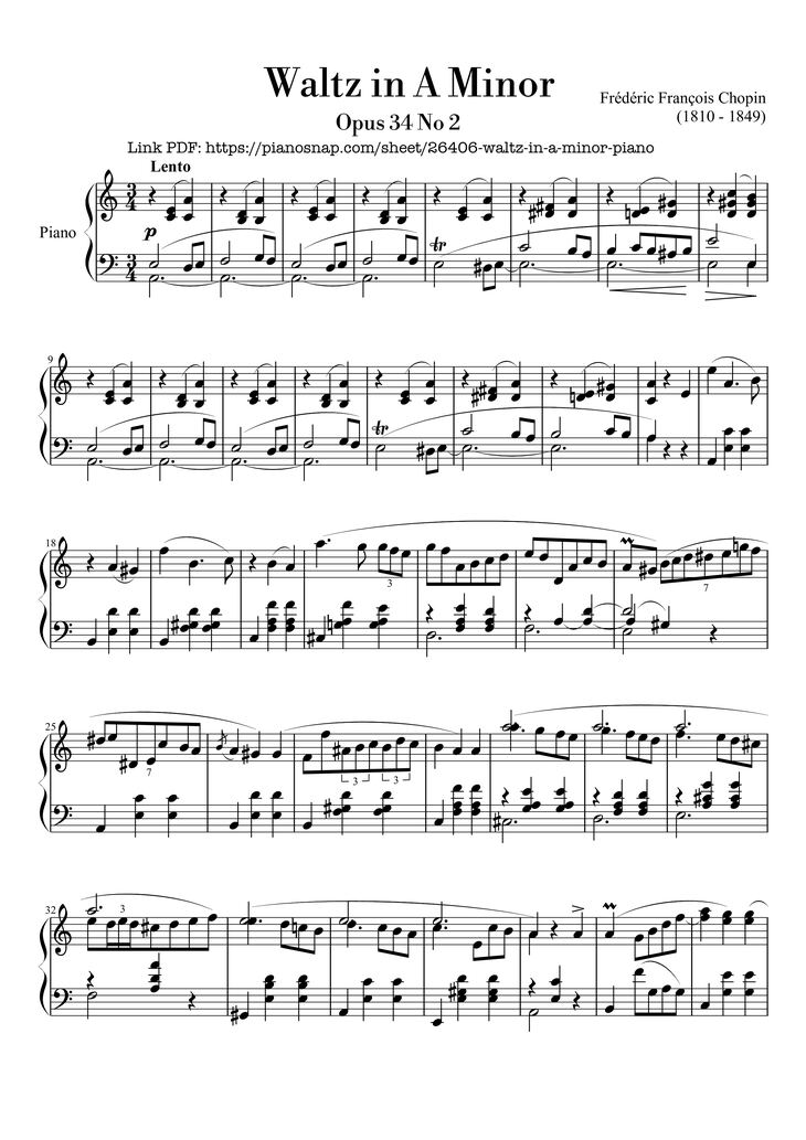 Page 1 of the piano sheet music PDF – Waltz in A Minor, Opus 34 No 2 by Frédéric François Chopin