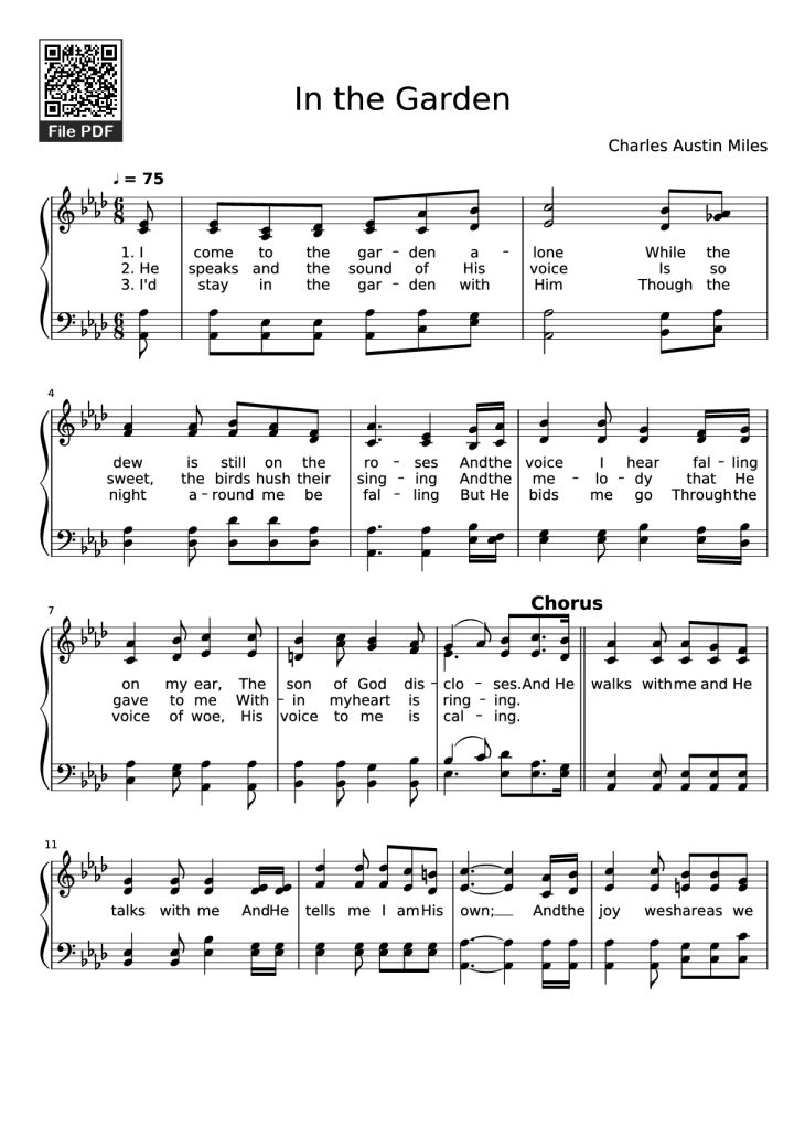 Page 1 of the piano sheet music PDF Piano – In the Garden Piano by Charles Austin Miles