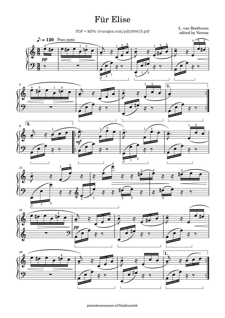 Page 1 of the piano sheet music PDF Piano – Für Elise Piano With fingering by L. van Beethoven