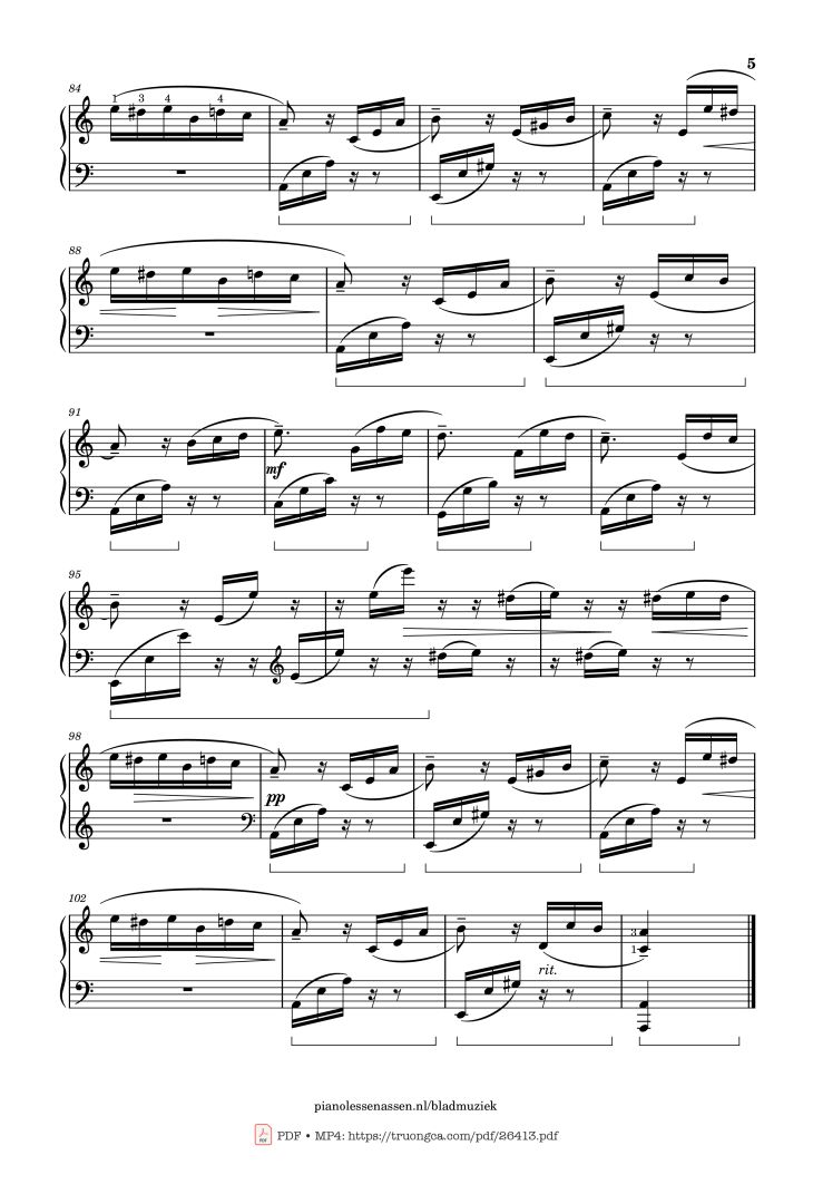 Page 5 of the piano sheet music PDF Piano – Für Elise Piano With fingering by L. van Beethoven